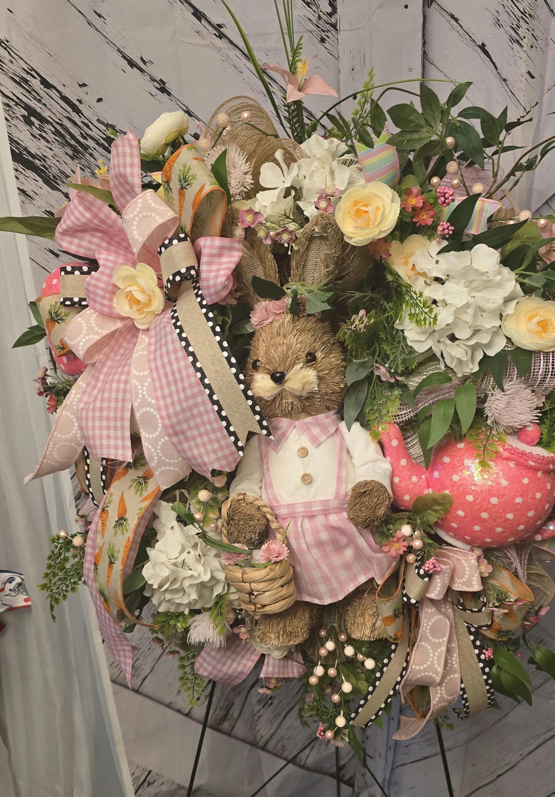 Set Di 2 Federe Per Cuscini Pasqua 45x45 Cm - Coniglio Rosa E Ghirlanda Floreale - Cotone E Lino - Decorazione Casa