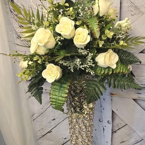 Cemtery Arrangement, Funeral Arrangement, White Floral arrangement, Greenery Gravesite Arrangement, Funeral Home arrangement, White Rose.