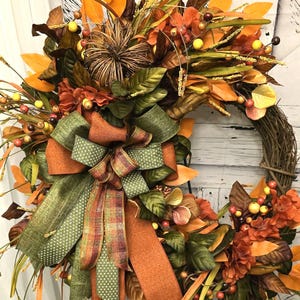 Fall Grapevine Crescent Wreath, Magnolia, Ficus, Pumpkin Decor (25" Diameter)