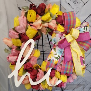 Spring Tulip Wreath for Front Door, Summer Tulip Wreath, Pink Floral Wreath, Hi Spring Wreath, Summer Tulip and Greenery Wreath, Door Dècor