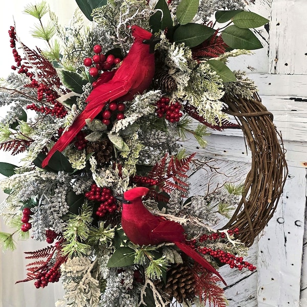 Winter Cardinal Wreath, Flocked Pine, Red Berries, Grapevine Base (29x21x6)