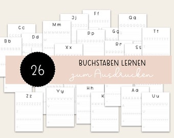 May include: A set of 26 printable worksheets for learning the German alphabet. Each worksheet features a different letter of the alphabet with lines for practicing writing the letter.
