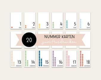 May include: Printable number cards featuring the numbers 1 through 20 with corresponding German words and colorful dots. The cards are designed for learning and educational purposes.