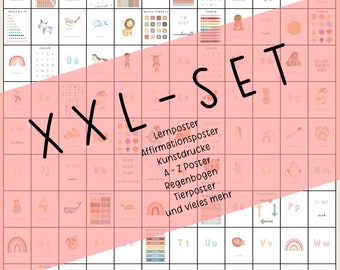 May include: A collection of educational posters with various illustrations, including animals, rainbows, and letters. The posters are in soft pastel colors and feature the text "XXL-SET" and other German words.
