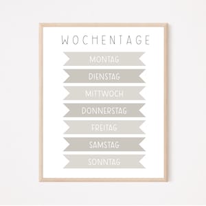 May include: A printable wall art print with the days of the week in German: Montag, Dienstag, Mittwoch, Donnerstag, Freitag, Samstag, Sonntag. The print is in a light grey colour scheme with a white background.