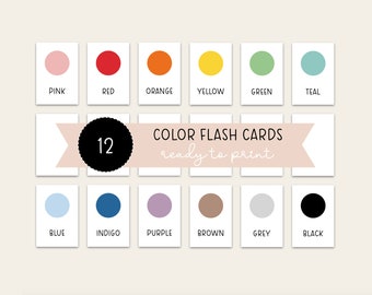 Könnte beinhalten: Ein Satz von 12 druckbaren Farb-Flashkarten mit einem Kreis jeder Farbe, wobei der Farbname darunter gedruckt ist. Die Farben umfassen Pink, Rot, Orange, Gelb, Grün, Türkis, Blau, Indigo, Lila, Braun, Grau und Schwarz. Der Text "FARB-FLASHKARTE zum Ausdrucken" ist auf einem Banner über den Karten gedruckt.