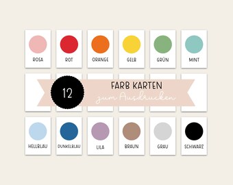 Könnte beinhalten: Zwölf druckbare Farbkarte mit einem Kreis jeder Farbe und dem Farbnamen in schwarzem Text darunter. Die Farben sind rosa, rot, orange, gelb, grün, mint, hellblau, dunkelblau, lila, braun, grau und schwarz.