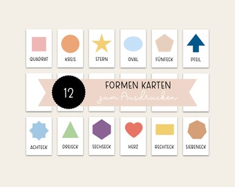 May include: A set of 12 flashcards featuring various shapes in different colors, including a pink square, orange circle, and yellow star. The cards have German shape names and the text "FORMEN KARTEN zum Ausdrucken".
