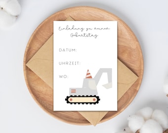 Invitation children's birthday, birthday invitation excavator construction site children's birthday, party for children, printable invitation, template invitation