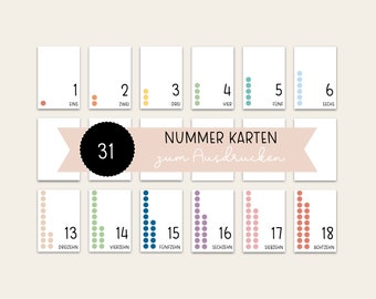 May include: A set of 18 printable number cards featuring colorful dots representing each number. The cards are labeled with the German words for each number, such as "eins" for one and "zwei" for two. The cards are designed for learning and teaching number recognition.
