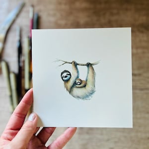 Original Aquarell Bild / Aquarellbild Faultier Mama Baby  Geborgenheit / Faultierbild / Watercolor Painting  / Mini Aquarell Miniatur