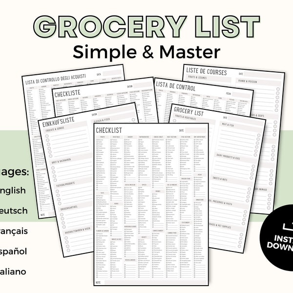 Lista de verificación de comestibles imprimible, Lista maestra de comestibles, Lista de comestibles simple, Lista de la compra, Lista della spesa, List d'achats, Compras de comestibles