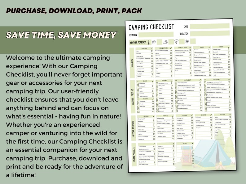 Camping Checklist, Printable Camp Packing List, Druckbare Checklist