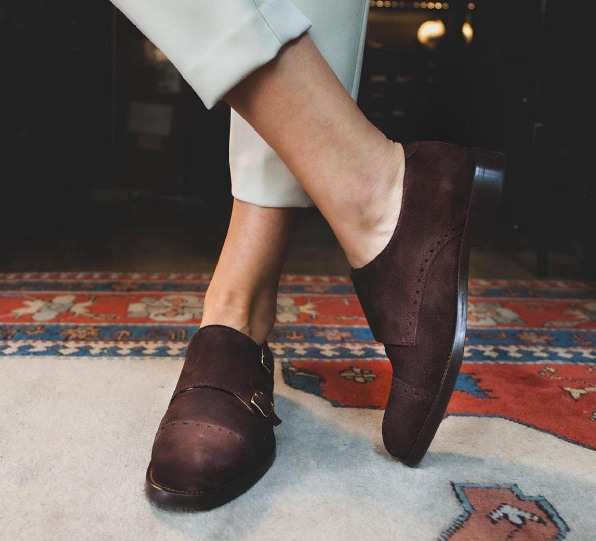 Suede double sale monk strap shoes
