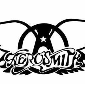 May include: Black and white logo of the rock band Aerosmith. The logo features a stylized winged circle with a star in the center and the band's name written in a script font.