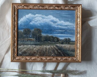 Original countryside landscape vintage style golden framed oil painting, Country Scenery Wall Art, Rustic Farmhouse Wall Art