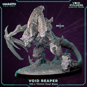 May include: A grey Void Reaper miniature figure from the Eldritch Swarm range. The figure features intricate detailing, multiple limbs, and a threatening stance. The oval base measures 105 x 70mm. The figure is approximately 90mm tall.