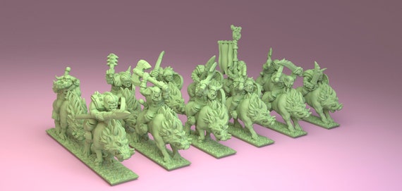 Orc Boar Riders Resin Miniatures - 10mm Strips - 1 Unit for Warmaster - Green Skin Miniatures