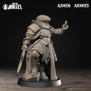 May include: A detailed, gray miniature figure of a warrior in full armor, holding a sword and gesturing with their other hand. The figure has a helmet, shoulder pads, and chainmail. The base is black, and the figure is labeled "Ashen Armies" and "Bite the Bullet".