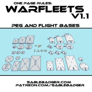 Könnte beinhalten: Hellblaue Grafik mit verschiedenen Stift- und Flugbasen für Tabletop-Spiele. Der Text "WARFLEETS V1.1" wird oben angezeigt, darunter "PEG AND FLIGHT BASES". Die Website-Adresse ist ebenfalls enthalten.
