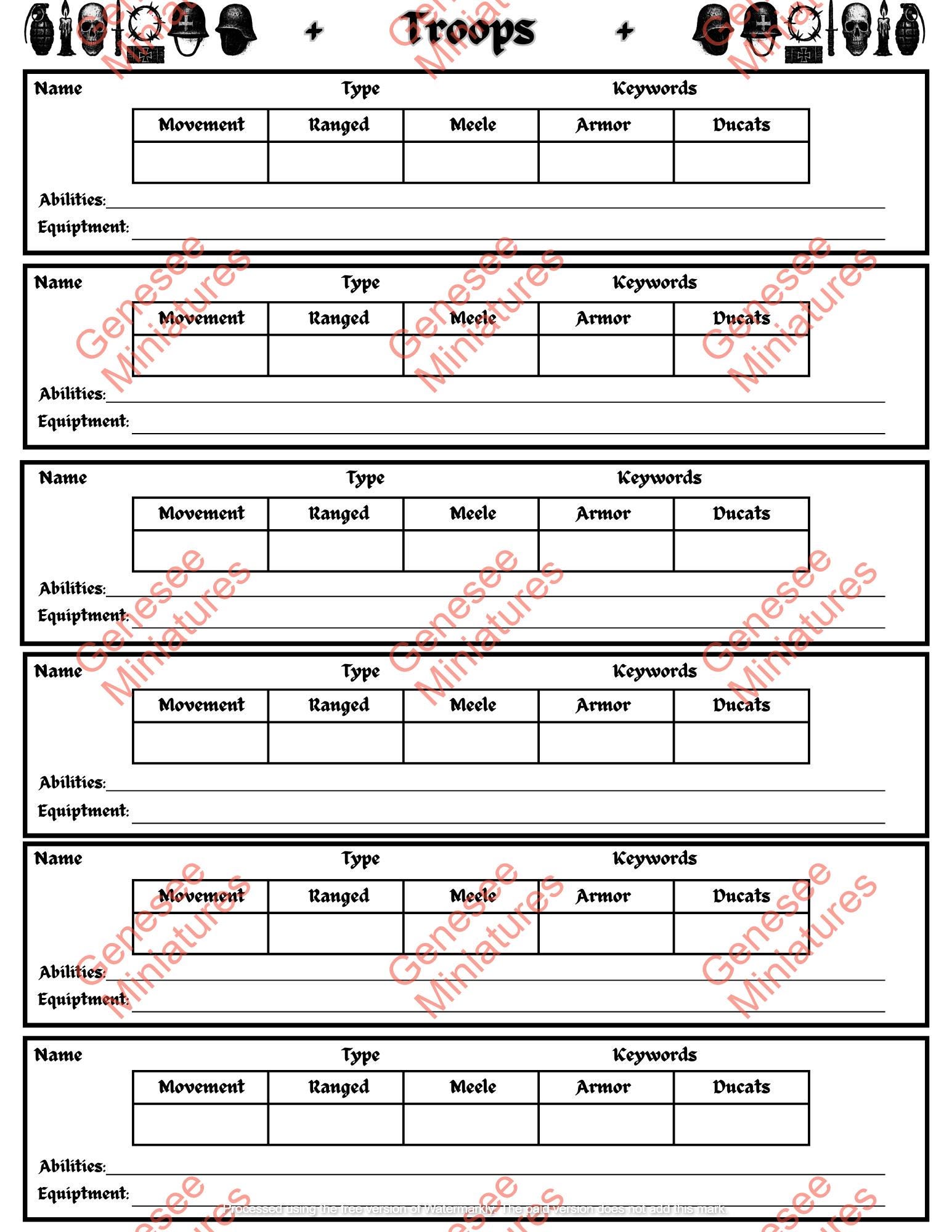 Trench Crusade Army Roster Sheet: Printable PDF (6 Pages) - Etsy