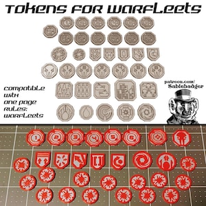 Puede incluir: Un conjunto de fichas de juego para Warfleets, con diversas formas y diseños, con detalles en rojo y blanco. El texto "TOKENS FOR WARFLEETS" es visible. Estas fichas son compatibles con reglas de una página.