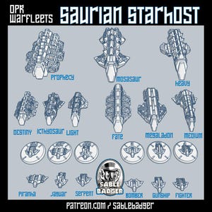 May include: A diagram featuring various Saurian Starhost spacecraft designs, such as Prophecy, Mosasaur, Heavy, Destiny, Ichthyosaur Light, Fate, Megaladon, Medium, Piranha, Jaguar, Serpent, Bomber, Gunship, and Fighter. The image includes the text "OPK Warfleets Saurian Starhost" and "Sable Badger".