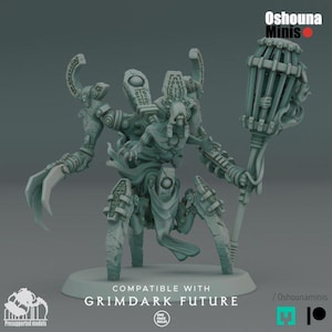 May include: A light grey resin miniature figure featuring a skeletal humanoid torso fused with a mechanical spider-like base. The figure has a clawed right hand and holds a large, cage-like lantern staff in the left hand, with ornate stone-like plates.
