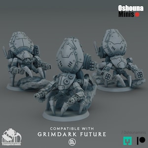 Op de afbeelding: Drie grijze miniatuur robot spinnenfiguren. Elke figuur heeft een afgeronde kop, meerdere mechanische armen en is gemonteerd op een rotsachtige basis. De tekst "COMPATIBLE WITH GRIMDARK FUTURE" is zichtbaar.