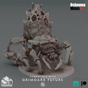 May include: A detailed, light-colored miniature of a creature with a segmented body, large claws, and a complex head structure. The base reads "COMPATIBLE WITH GRIMDARK FUTURE" and "Oshounaminis".