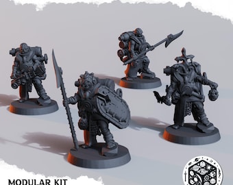 May include: Four grey miniature figures of the Naval Heretic Chorister, a modular kit made of ABS-like resin blend. The figures are in various poses, holding weapons and shields. The text "NAVAL HERETIC CHORISTER" and "MODULAR KIT ABS-LIKE RESIN BLEND" are visible.
