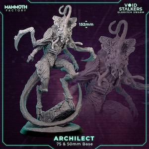 Może przedstawiać: Szara figurka Architekta z kolekcji Void Stalkers Eldritch Swarm. Figurka ma 15,2 cm wysokości i stoi na podstawie 75 i 50 mm. Figurka ma szczegółowy, teksturowany design z wieloma ramionami i ogonem.