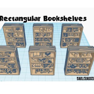 May include: Six rectangular bookshelves with various items on the shelves. The text "Rectangular Bookshelves" is above the shelves. The shelves are light brown with a wood grain design. The shelves are filled with books and other decorative items.