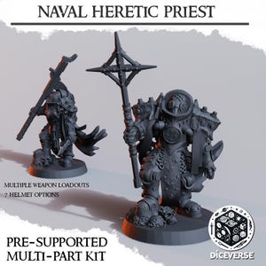 Peut inclure: Deux figurines grises imprimées en 3D d'un prêtre hérétique naval. L'une est à genoux, tenant une arme, l'autre est debout, tenant un bâton. Le texte comprend "NAVAL HERETIC PRIEST", "MULTIPLE WEAPON LOADOUTS", "7 HELMET OPTIONS", "PRE-SUPPORTED MULTI-PART KIT" et le logo Diceverse.