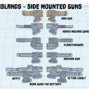 May include: Diagram of side-mounted guns labelled "GASLANDS - SIDE MOUNTED GUNS." Includes a mini gun, heavy machine gun, flamethrower, and machine gun. Text includes "WTF?!", "MORE GUNS THE BETTER?!", and "IS THIS LEGAL?"