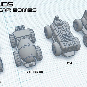 May include: Four gray RC car bomb models labeled "Rockets", "Fat Man", "C4", and "Dynamite". The text "GASLANDS RC CAR BOMBS" is at the top. The models have wheels and various weapon designs.