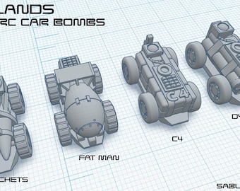 RC Car Bombs for Gaslands – 4 Explosive Miniatures – PLA or Resin – 1:64 Scale Wargame Vehicles – Rockets, C4, Fat Man, Dynamite