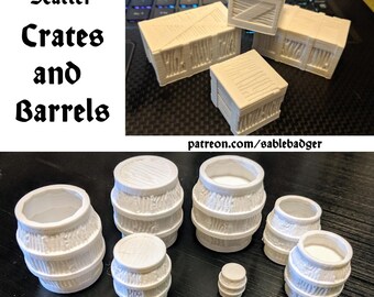May include: Off-white miniature crates and barrels for tabletop gaming. The image shows several small, detailed crates and barrels, perfect for fantasy-themed games. The text "fantasy Scatter Crates and Barrels" is visible.