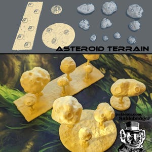 Puede incluir: Imagen de modelos de terreno de asteroides. Los modelos incluyen rocas y plataformas de asteroides de varios tamaños. El texto "ASTEROID TERRAIN" se muestra en la imagen. Los modelos son en tonos de gris y beige.