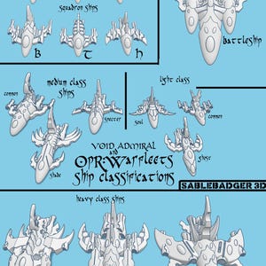 Puede incluir: Diagrama de varios diseños de naves espaciales, categorizados por clase, incluyendo escuadrón, medio, ligero, pesado y súper pesado. El texto incluye "VOID ADMIRAL and OPR:WarFleets Ship classifications" y "SABLEBADGER 3D".