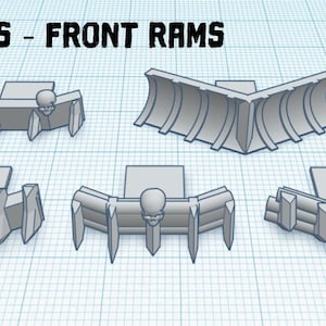 Puede incluir: Una colección de arietes frontales grises impresos en 3D para Gaslands, con detalles de calaveras y cuchillas. La imagen incluye el texto "GASLANDS - FRONT RAMS" y "SABLEBADGER". Los arietes están diseñados para juegos de mesa.