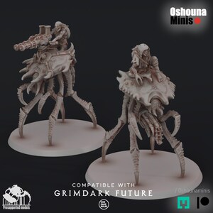 May include: Two unpainted light beige miniature figurines on round bases. One figure rides a multi-legged creature with a mounted multi-barreled weapon. The other figure sits on a crab-like creature. Text reads Oshouna Minis and COMPATIBLE WITH GRIMDARK FUTURE.