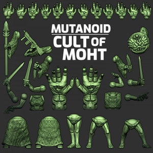 May include: A set of green plastic miniatures depicting a humanoid creature with a single eye in the palm of its hand. The miniatures are for a tabletop role-playing game and include various body parts, weapons, and accessories. The text "MUTANOID CULT OF MOHT" is displayed at the top of the image.