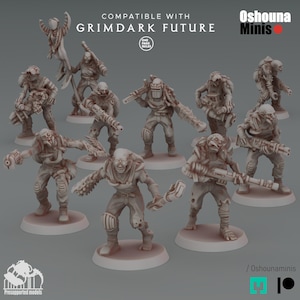 Könnte beinhalten: Eine Sammlung von Grimdark Future Miniaturen, die verschiedene postapokalyptische Figuren mit Waffen und Ausrüstung zeigen. Die Figuren sind in einer neutralen Farbe gehalten, mit Details wie Rüstungen, Schutzbrillen und mechanischen Armen. Der Text "COMPATIBLE WITH GRIMDARK FUTURE" ist sichtbar.