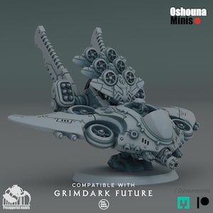 Könnte beinhalten: Graues Miniatur-Raumschiffmodell mit mehreren Propellern und einem Cockpit. Das Modell ist für Grimdark Future konzipiert und enthält den Text "Compatible with Grimdark Future" und "Oshouna Minis".