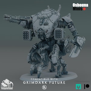 May include: A gray, detailed miniature robot with multiple weapons and missile launchers. The text "Compatible with Grimdark Future" is visible. The product is from Oshouna Minis.