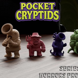 May include: A collection of miniature figurines from the "Pocket Cryptids" series, including a beige figure playing a horn, a red figure with a pitchfork, a purple figure, and a green, multi-tentacled figure. A blue lighter and the text "Pocket Cryptids" are also visible.