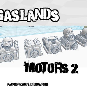 Gaslands Motor Set  – 5 Upgrade Parts for Post-Apocalyptic Wargames – PLA or Resin – 20mm–1:64 Kitbash Compatible