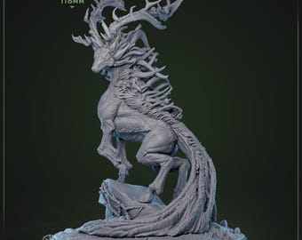 May include: A gray, detailed figurine of a mythical creature, Loriantha, from the Whisperwoods collection. The figure has large antlers, a flowing mane, and a long, feathered tail. The base measures 75mm, and the figure is 118mm tall.