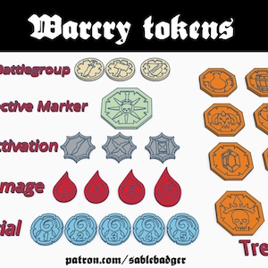 Puede incluir: Una colección de fichas de Warcry, que incluyen fichas de grupo de batalla, marcador de objetivo, activación, daño, especiales y de tesoro. Las fichas son de varias formas y colores, con etiquetas de texto. La imagen también incluye el texto "Warcry tokens" y una dirección web.